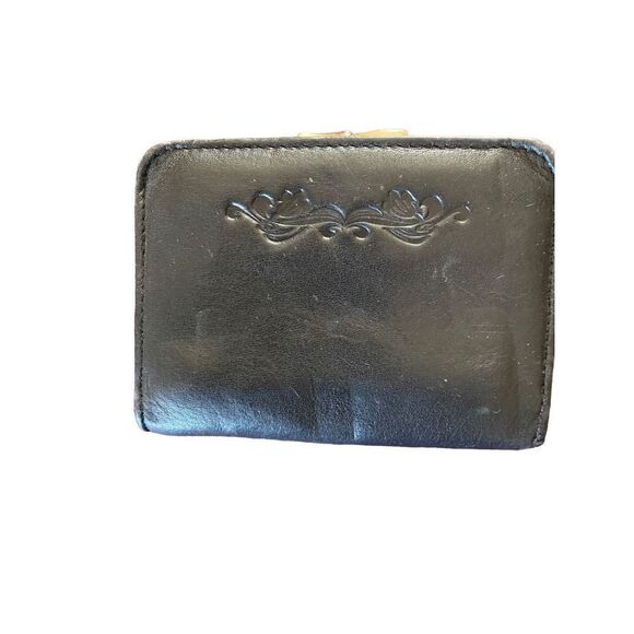 Vintage, black leather embossed snap closure two-sided wallet, 5 x 3 1/2 - Picture 2 of 6